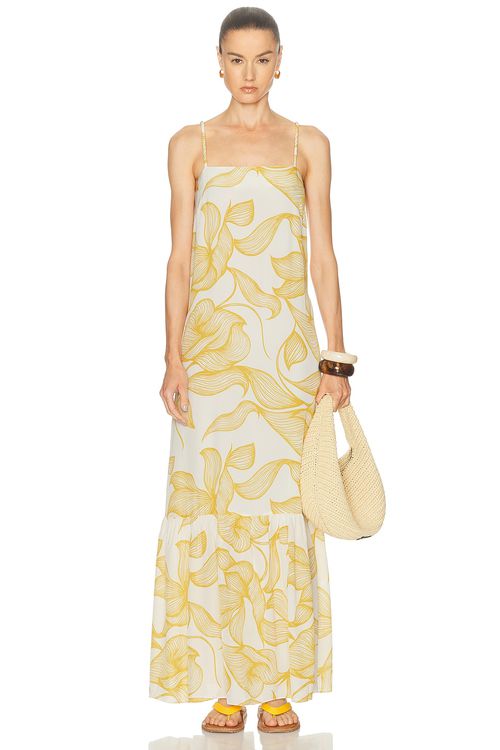 ADRIANA DEGREAS Foliage Maxi Dress in White,Mustard
