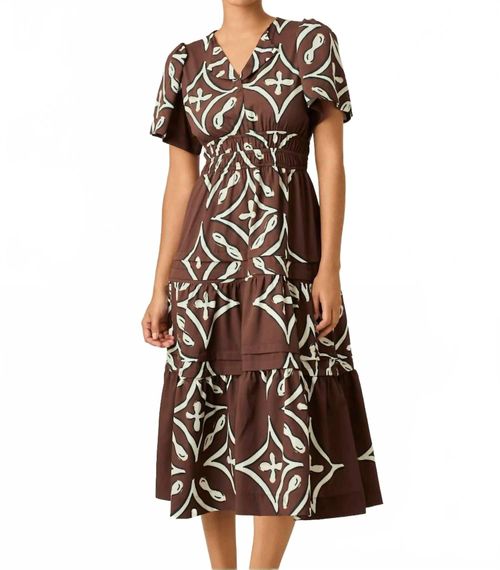 Theresa Midi Dress In Brown White Geometric Tile