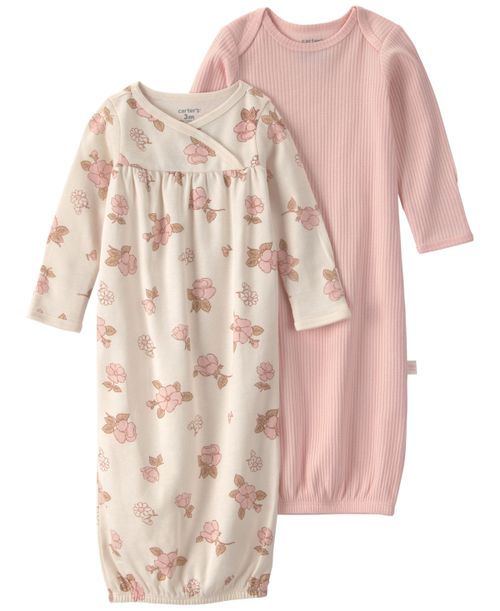 Baby Girls' Floral Sleeper Gowns, 2-Pack - Pink/Ivory
