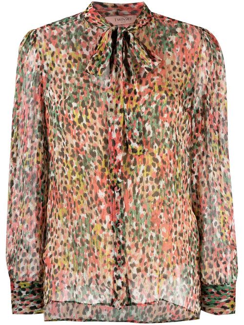 Animal-print pussy-bow blouse - Red