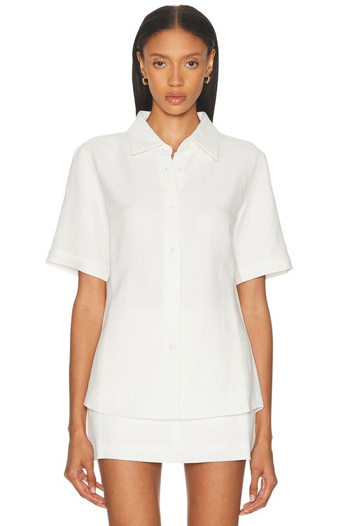 RENGGLI Short Sleeve Linen Button Up Top in Bone - White.  S also in L
