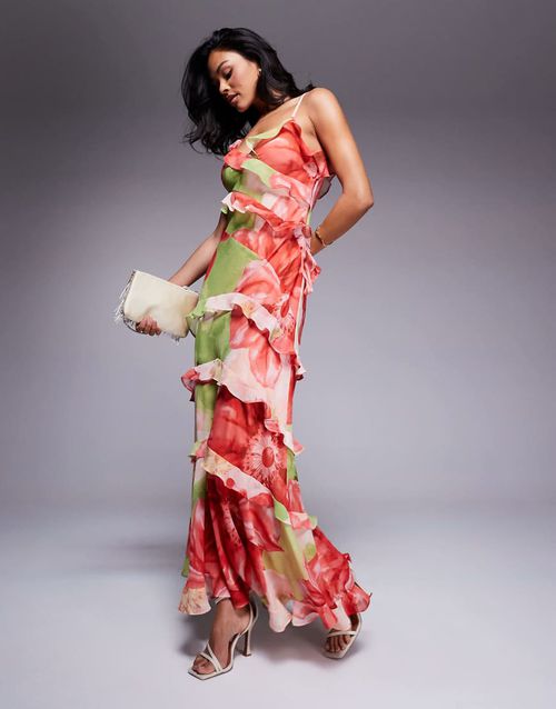 Ever New ruffles maxi dress in red and lime floral-Green