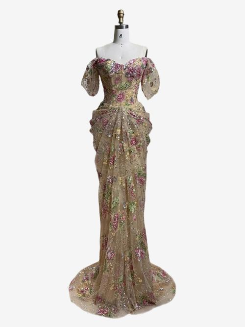 Evening Dress Prom Dress Luxury Nude Pink Floral Beaded Mermaid Dress Party Dresse