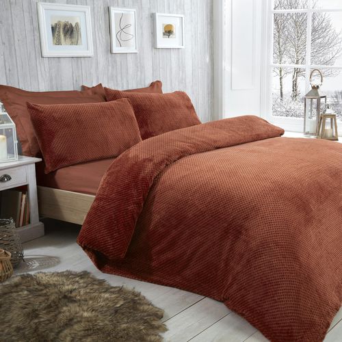 Smart Living Luxury Super Soft & Reversible Waffle Teddy Fleece Duvet Set- Rust