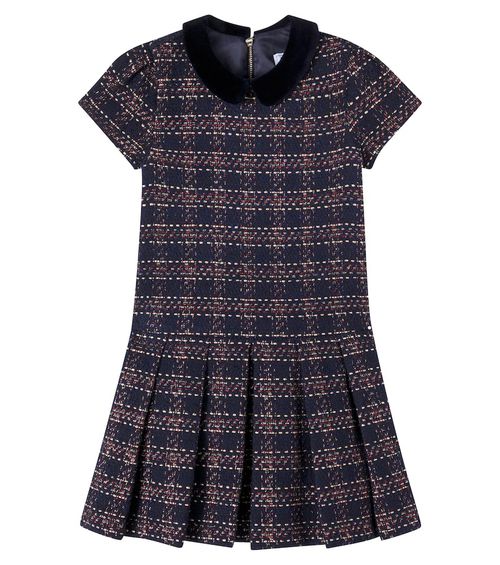 Velvet-trimmed tweed dress