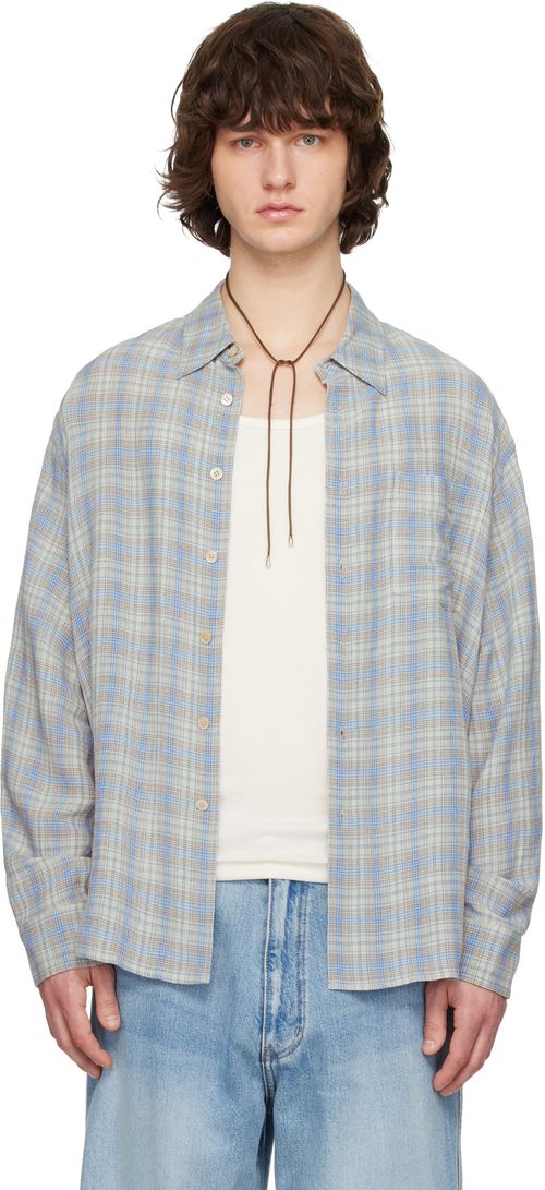 Blue Viscose Linen Check Shirt