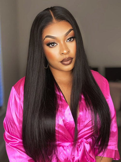 200% Density 13x4 Transparent Lace Frontal Black Straight 7x5 Bye Bye Knots Pre-Plucked Human Hair Wig