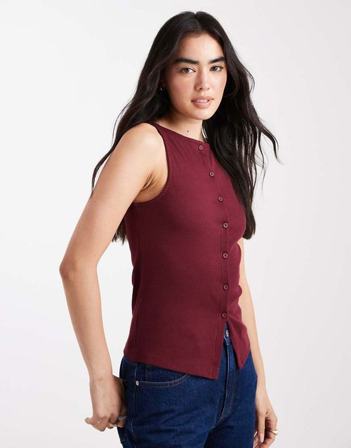 Button through tank top in burgundy-Red