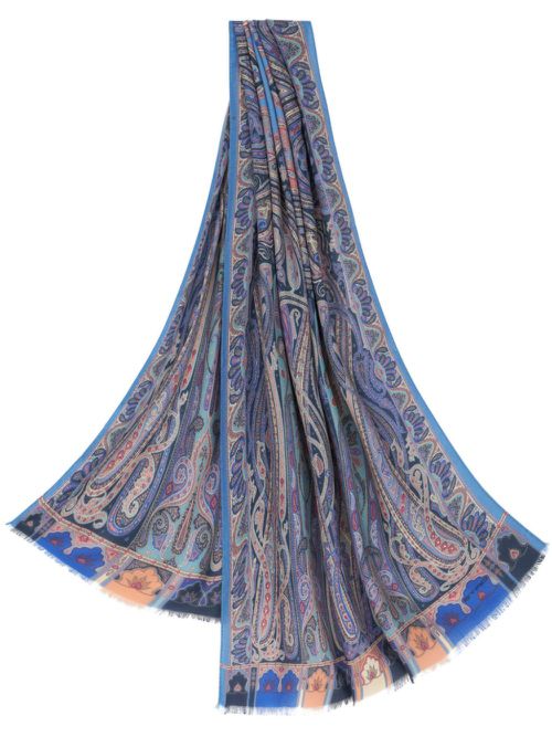 Paisley-print frayed-edge cashmere-blend scarf - Blue