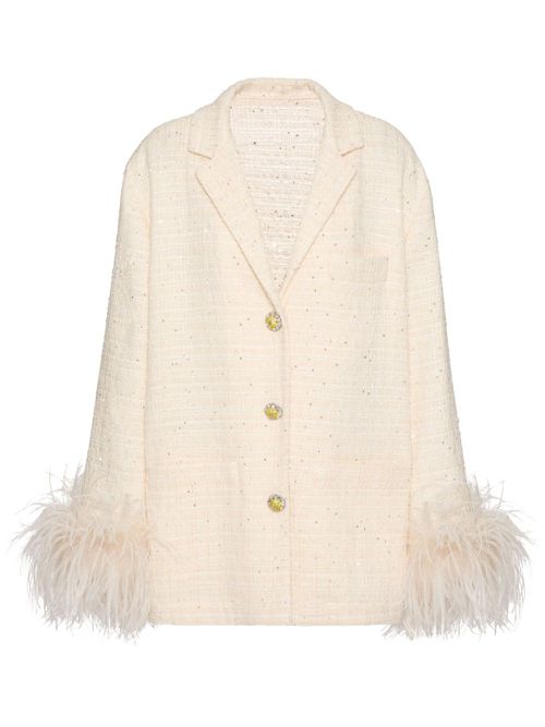 Feather-trim embellished-tweed blazer - Neutrals