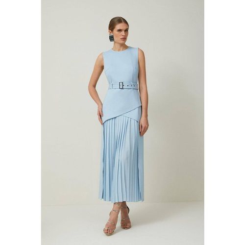 Karen Millen Women's Forever Ponte & Georgette Jersey Pleated Maxi Dress in Pale Blue | : Large