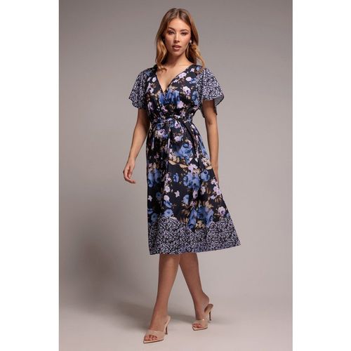 Goddiva Flutter Sleeve Printed Midi Dress - Navy Print