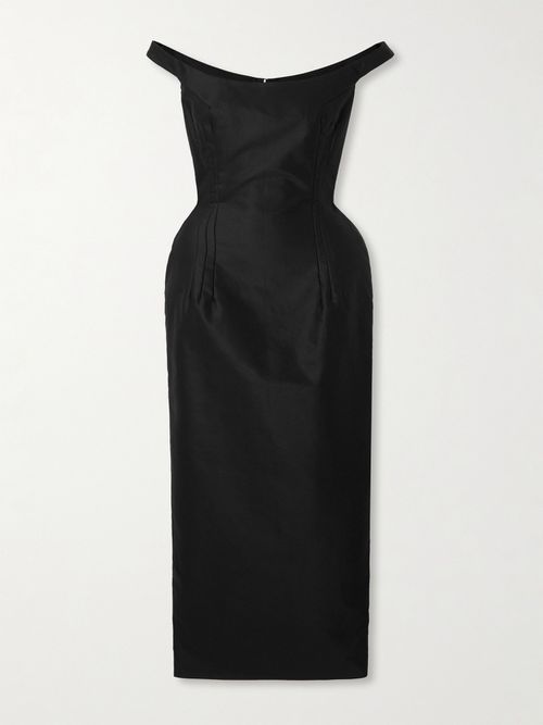 Off-the-shoulder Cotton-sateen Midi Dress - Black