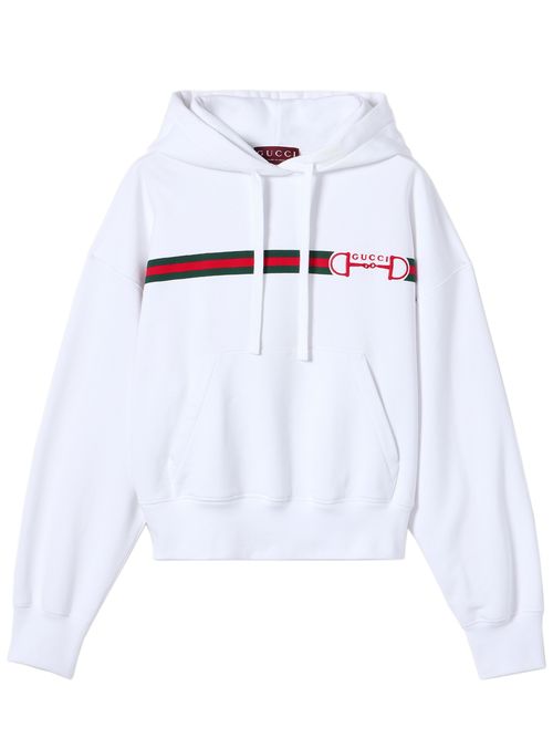 Women's Brushed Cotton T-Shirt with Web Graphic Print, Horsebit Embroidery, Fixed Hood & Front Pocket