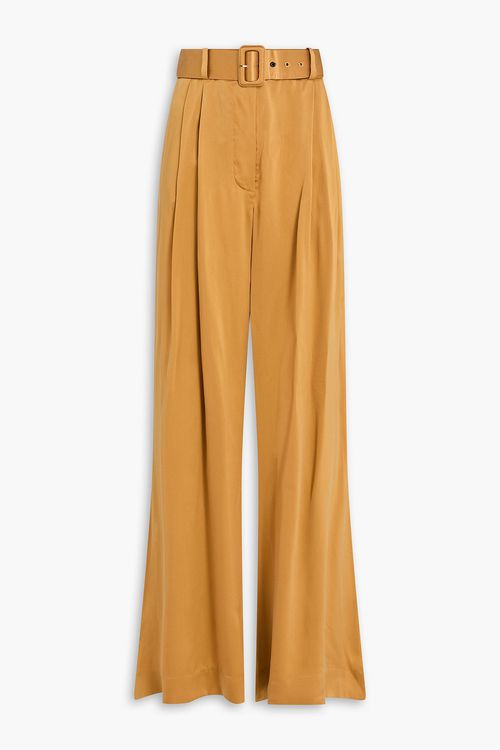 Belted pleated washed-silk wide-leg pants