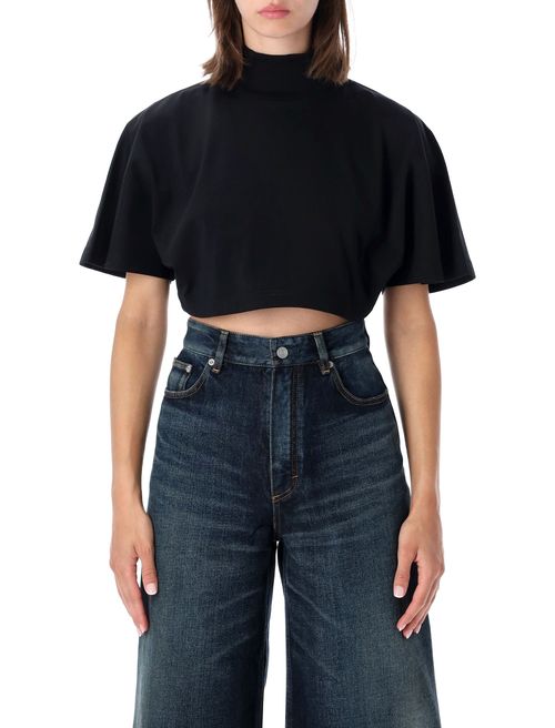 Mini Boxy Cropped Cotton T-Shirt with Ribbed Mock Neck