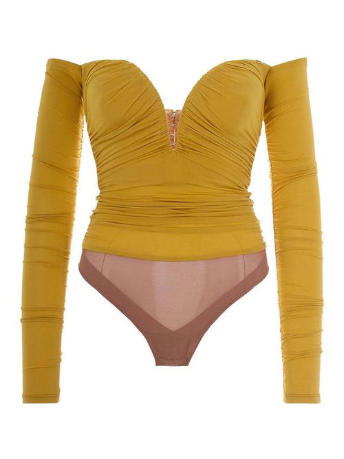 Draped Detailing Bodysuit In Yellow Fabric