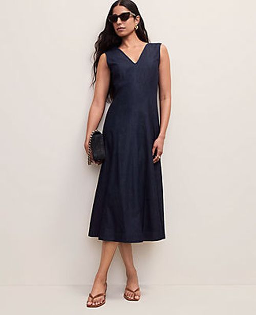 Ann Taylor V-Neck Chambray Flare Midi Dress