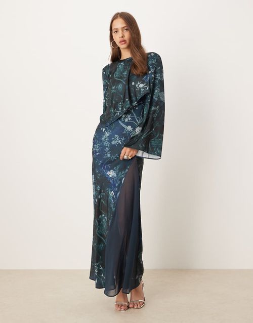 Satin long sleeve cape detail maxi dress in navy floral print-Multi