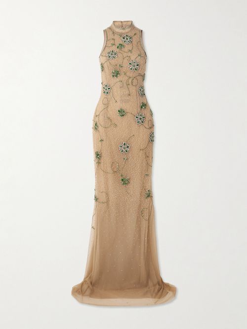 Bead And Crystal-embellished Silk-blend Tulle Gown - Neutrals