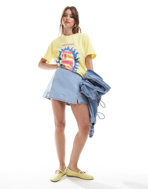 Mini skort with slits in blue denim