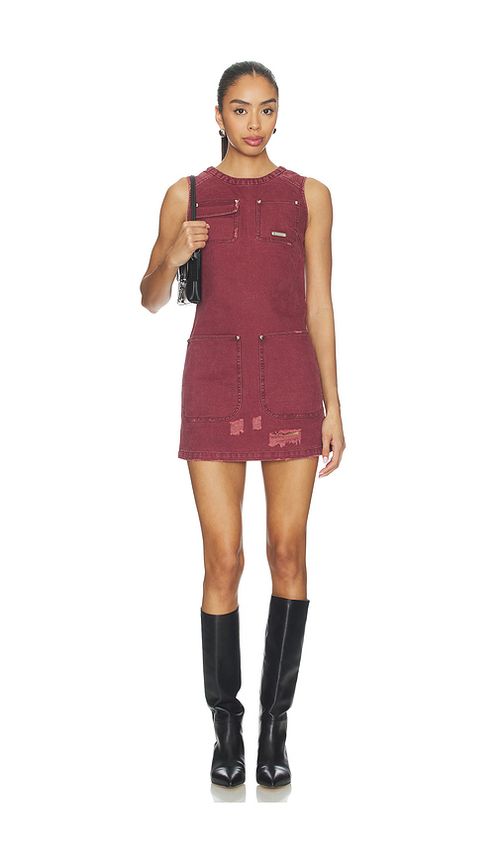 PRIVATE POLICY Distressed Canvas Dress in Burgundy. L. Also in M