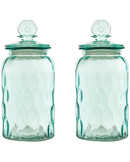 Set Of 2 Textured Glass Flower Canisters, Dimpled Round