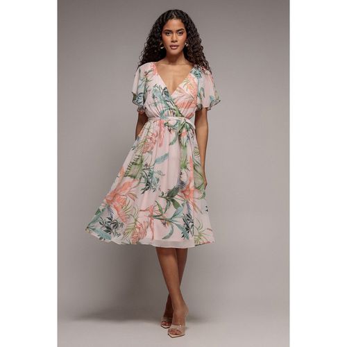 Goddiva Floral Printed Flutter Sleeve Chiffon Midi Dress - Off White