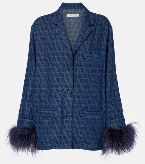 Feather-trimmed denim shirt