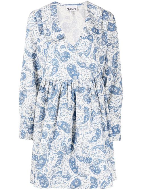 Paisley-print cotton wrap dress - Blue