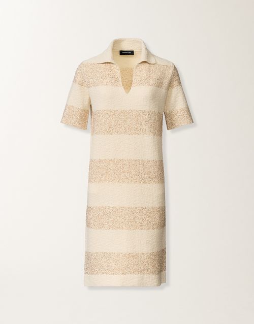 Striped cotton tweed dress with sequins, in butter and khaki
