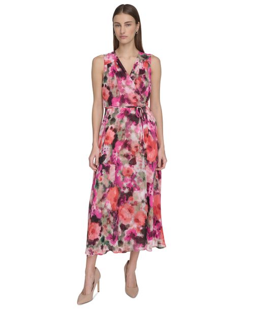 Women's Floral-Print Faux-Wrap Sleeveless Dress - Hibiscus Multi