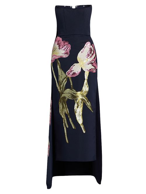 Women's Sequined Floral Strapless Gown - Navy