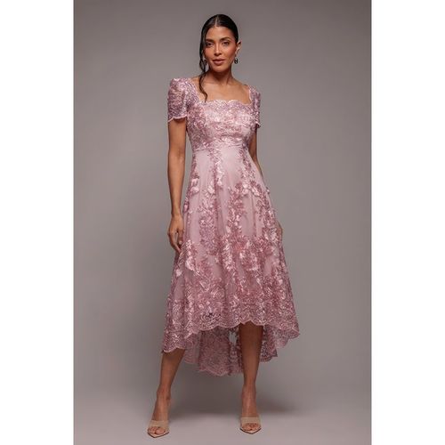 Goddiva Scalloped Neck Embroidered Lace High Low Midi Dress - Pink