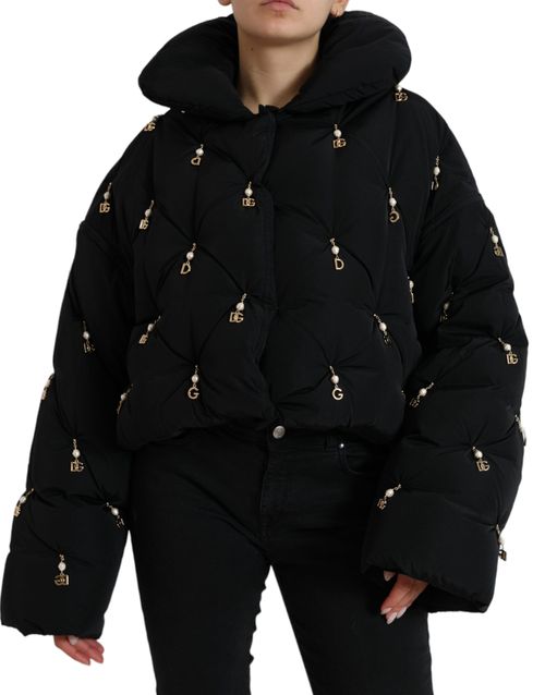 Pearl-Embellished Quilted Down Jacket — Black