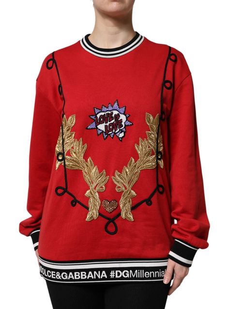 Embroidered Cotton Crew Neck Sweatshirt — Red