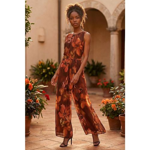 Roman Womens Floral Print Pleated Jumpsuit - Orange