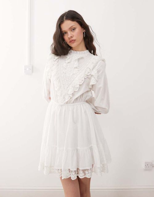 Miss Selfridge | Miss Selfridge lace trim heritage woven mini dress in  white | Realry