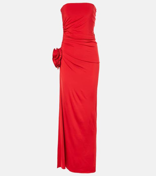 Floral-appliqué ruched jersey maxi dress