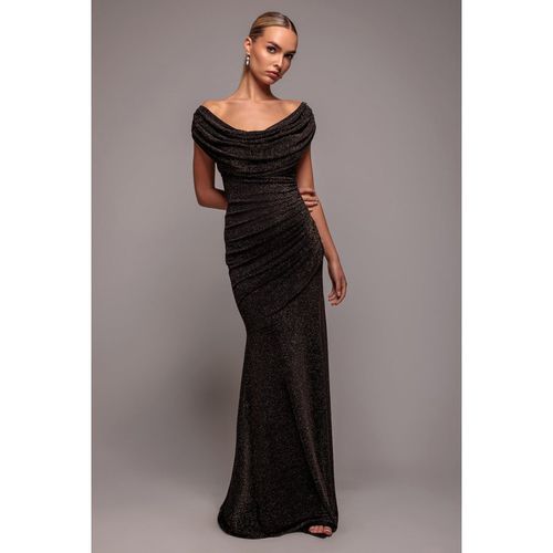 Goddiva Sparkle Lurex Cowl Neck Off The Shoulder Maxi Dress - Black Gold