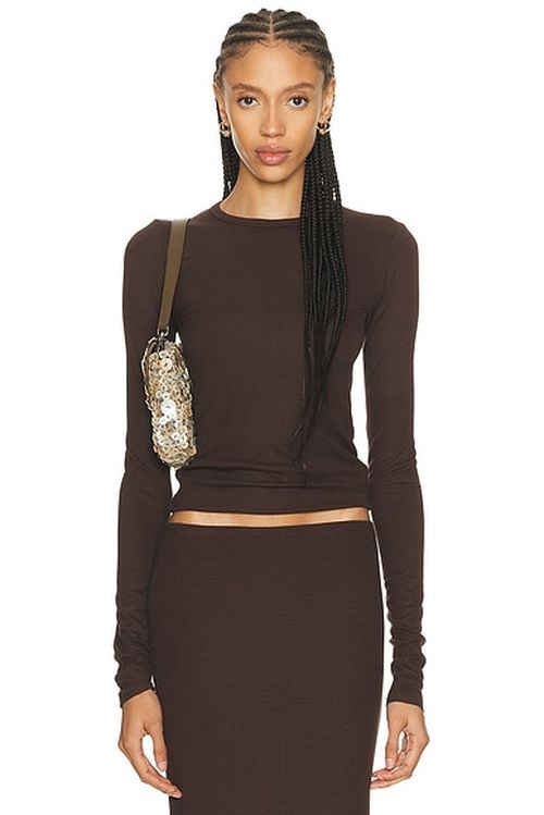 Eterne Long Sleeve Fitted Top in Chocolate. S. Also in