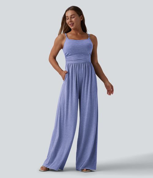Adjustable Straps Ruched Wide Leg Heathered Casual Jumpsuit with Pockets-Easy Peezy  - Light Blue Floral Yarn