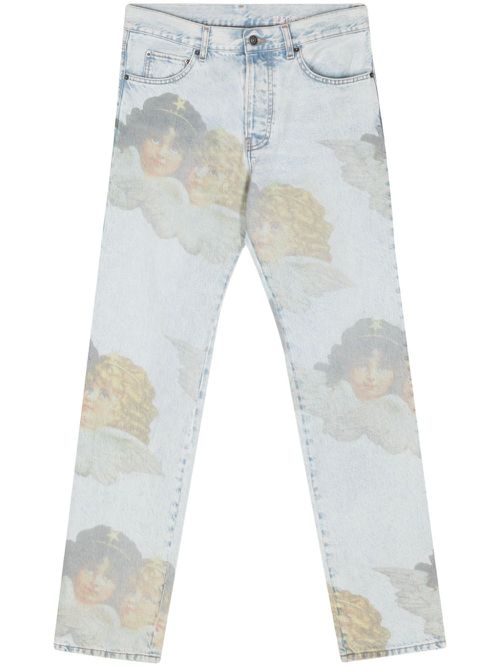 Angel-print mid-rise straight jeans - Blue