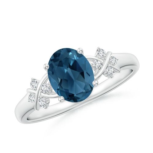Angara 1.5 Carats Oval London Blue Topaz Criss Cross Ring with Diamonds in Silver