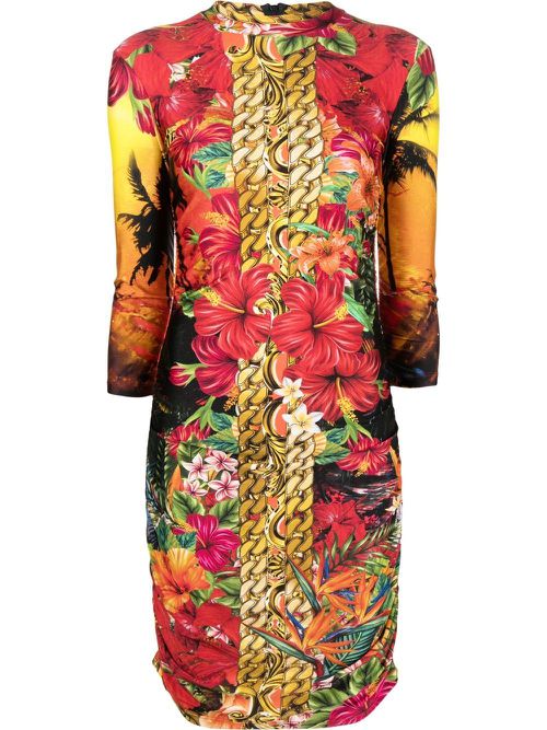 Hawaii-print mock-neck dress - Red