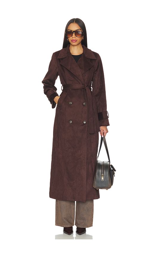 SNDYS Sutton Faux Suede Trench Coat in Chocolate. XXS also in L, M, S, XL