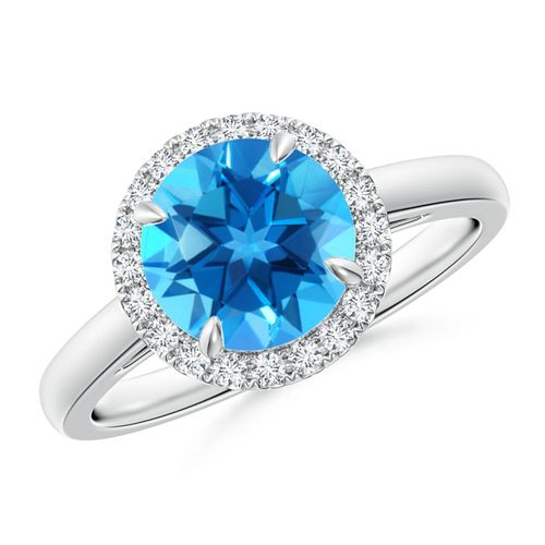 Angara 2.35 Carats Round Swiss Blue Topaz Cathedral Ring with Diamond Halo in Platinum