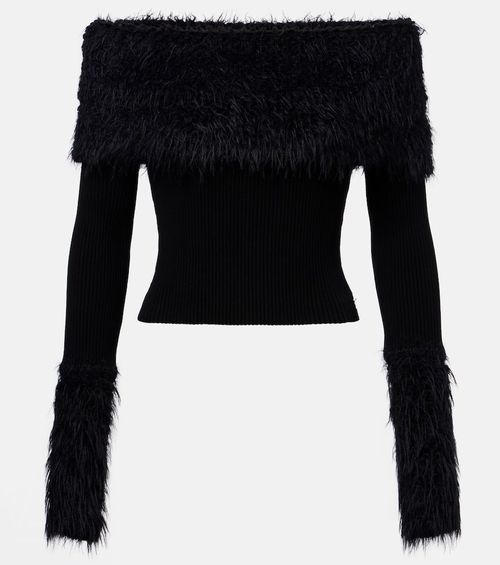 Ribbed-knit faux fur-trimmed top