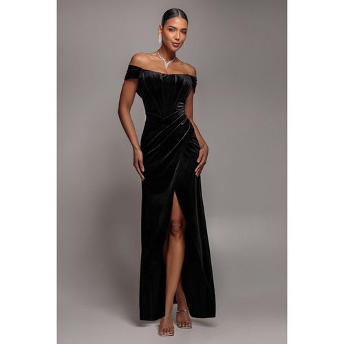 Goddiva Draped Shoulder Velvet Corset Maxi Dress - Black