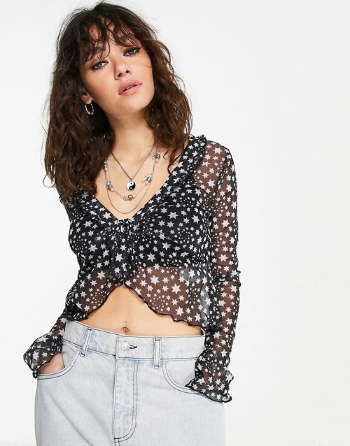 Marne top with tie front in star print-Black
